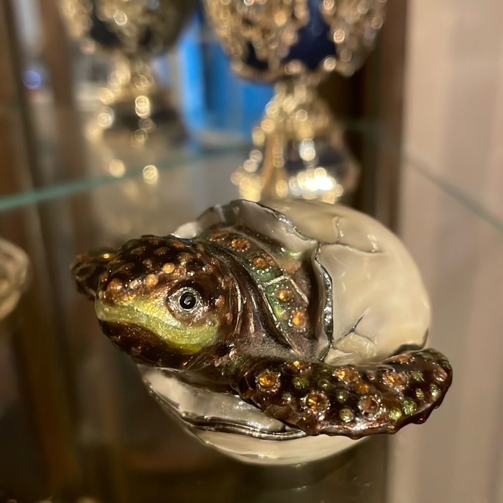 SOLD Hatching Turtle Box with Brown and Green  Austrian Crystal Accents